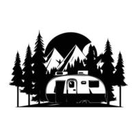 camper camp camping site with mountains and tree, camping in the woods, campsite with trailer landscape in retro style, svg file. vector