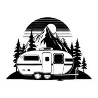 camper camp camping site with mountains and tree, camping in the woods, campsite with trailer landscape in retro style, svg file. vector