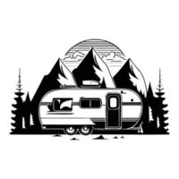 camper camp camping site with mountains and tree, camping in the woods, campsite with trailer landscape in retro style, svg file. vector