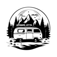 camper camp camping site with mountains and tree, camping in the woods, campsite with trailer landscape in retro style, svg file. vector