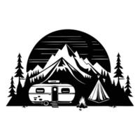 camper camp camping site with mountains and tree, camping in the woods, campsite with trailer landscape in retro style, svg file. vector
