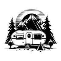 camper camp camping site with mountains and tree, camping in the woods, campsite with trailer landscape in retro style, svg file. vector