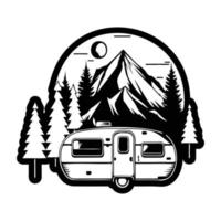 camper camp camping site with mountains and tree, camping in the woods, campsite with trailer landscape in retro style, svg file. vector