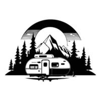 camper camp camping site with mountains and tree, camping in the woods, campsite with trailer landscape in retro style, svg file. vector