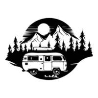 camper camp camping site with mountains and tree, camping in the woods, campsite with trailer landscape in retro style, svg file. vector