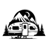 camper camp camping site with mountains and tree, camping in the woods, campsite with trailer landscape in retro style, svg file. vector