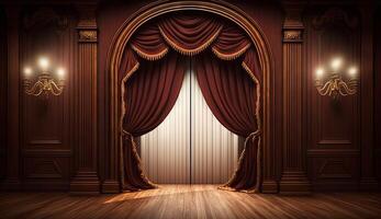 classic maroon curtains with light descended onto the center of the stage. photo