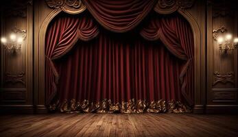 classic maroon curtains with light descended onto the center of the stage. photo