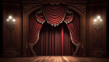 classic maroon curtains with light descended onto the center of the stage. photo