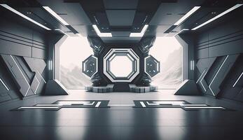 Futuristic interior with empty stage. Modern Future background. photo