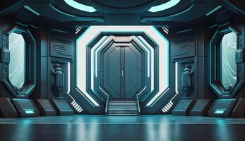 Futuristic interior with empty stage. Modern Future background. photo