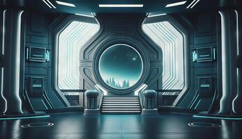 Futuristic interior with empty stage. Modern Future background. photo