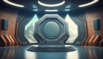 Futuristic interior with empty stage. Modern Future background. photo