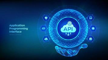 API. Application Programming Interface in the shape of sphere with hexagon grid pattern in wireframe hand. Software development tool, cloud computing technology concept. Vector illustration.