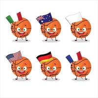 cesta pelota dibujos animados personaje traer el banderas de varios países vector