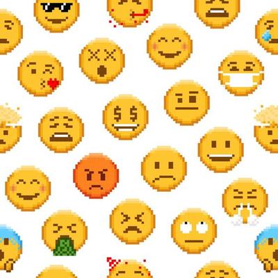 Pixel emoji seamless pattern, 8 bit game emoticons