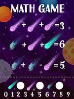 Math game worksheet, cartoon comets, asteroids vector