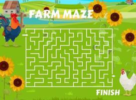 Labyrinth maze game with rooster and hen on farm vector