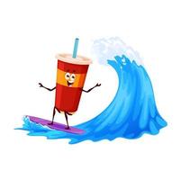 Cartoon soda drink character surfing on wave vector