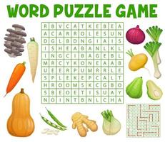 Word search game with mushrooms and vegetables vector