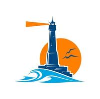 Lighthouse building and beacon on rock icon vector