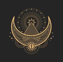 Crescent and moon esoteric occult symbols, alchemy vector