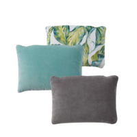 3 fabric pillows arranged in a row with cut out isolated on background transparent png