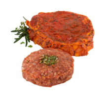 Fresh thinly sliced steak marinated with spices with cut out isolated on background transparent png