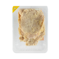 crujiente abollado pollo filete en un transparente el plastico caja con cortar fuera aislado en antecedentes transparente png