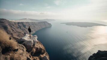 A young teen age hiker is standing on the edge of a cliff enjoying a dramatic overlook of the famous Colorado River. photo