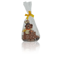 Conejo conformado chocolate en el plastico bolso con cortar fuera aislado en antecedentes transparente png