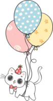Cute playful birthday cat with balloons celebrating party cartoon doodle hand drawing png