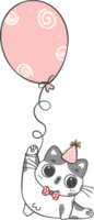 mignonne espiègle anniversaire chat avec des ballons célébrer fête dessin animé griffonnage main dessin png