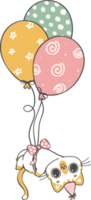 söt lekfull födelsedag katt med ballonger fira fest tecknad serie klotter hand teckning png