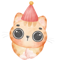 Cute playful birthday cat face celebrating party cartoon watercolor png