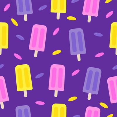seamless pattern with yellow, pink, violet fruit ice, ice-cream colors and colored candies