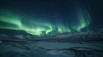 Northern Lights above waters edge. Northern Lights on the night sky. photo