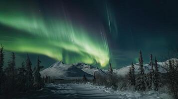 Northern Lights above waters edge. Northern Lights on the night sky. photo