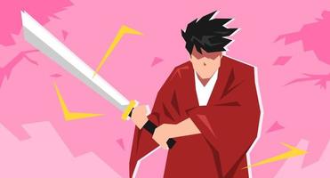 male samurai character with katana. isolated on pink background, cherry blossom tree. japanese concept, samurai. suitable for wallpaper, sticker, print, poster, etc. flat vector illustration.