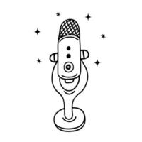 Microphone vector icon. Device for podcast, stream, karaoke. Simple doodle isolated on white. Line art, black outline. Clipart for logo, apps, web, recording studio