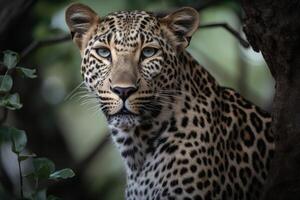 Close up young leopard portrait. Close up beautiful angry big leopard in forest. photo