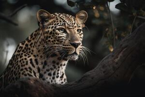 cerca arriba joven leopardo retrato. cerca arriba hermosa enojado grande leopardo en bosque. generativo ai foto