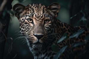 cerca arriba joven leopardo retrato. cerca arriba hermosa enojado grande leopardo en bosque. generativo ai foto