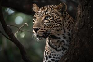 Close up young leopard portrait. Close up beautiful angry big leopard in forest. photo