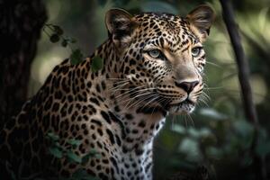 cerca arriba joven leopardo retrato. cerca arriba hermosa enojado grande leopardo en bosque. generativo ai foto