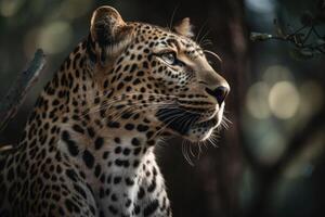 cerca arriba joven leopardo retrato. cerca arriba hermosa enojado grande leopardo en bosque. generativo ai foto