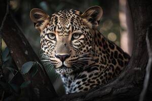 cerca arriba joven leopardo retrato. cerca arriba hermosa enojado grande leopardo en bosque. generativo ai foto