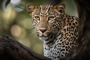 Close up young leopard portrait. Close up beautiful angry big leopard in forest. photo