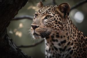 cerca arriba joven leopardo retrato. cerca arriba hermosa enojado grande leopardo en bosque. generativo ai foto