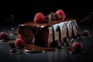 Traditional homemade chocolate cake sweet pastry dessert with brown icing, cherries, raspberry, currant on vintage wooden background. Dark food photo, rustic style, natural light. . photo